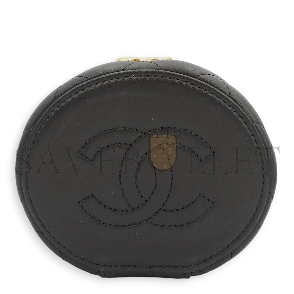Ch*el master round vanity logopearl black top handle bag in lambskin, gold hardware (11*9*6cm)